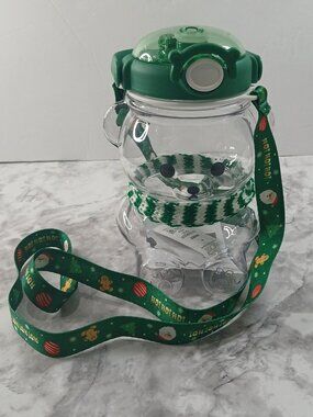 MINISO Christmas Bear Water Bottle 1000mL Green BPA-Free Kids Straw Cup w/ Strap